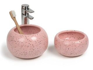 Pink Speckled Ceramic Bathroom Bowls Set with Toothbrush