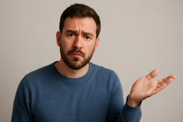 Young man displaying a curious expression while gesturing with his hand, conveying feelings of doubt and seeking answers in a studio setting