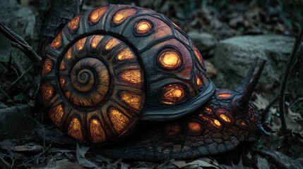 Glowing snail sculpture in forest, light shines through shell's carved details
