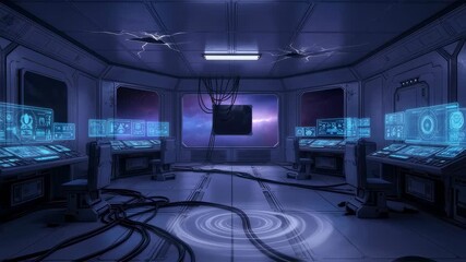Inside a futuristic space station control room with glowing holographic displays and galactic view footage. - Powered by Adobe