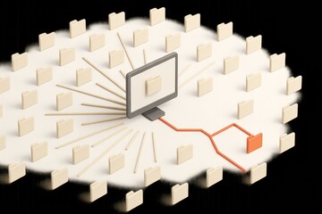 Conceptual illustration of cloud computing and data storage, featuring a monitor and connected folders.