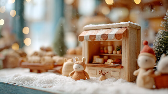 Enchanting toy store window with santa's workshop christmas scene