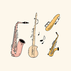 Hand drawn colorful saxophones and string bass doodle sketch set with musical notes isolated on beige background minimalist vector illustration for music and entertainment