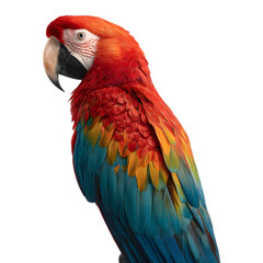Fototapeta premium Close up portrait of a vibrant macaw with red plumage and blue feathers looking to the left side on transparent background