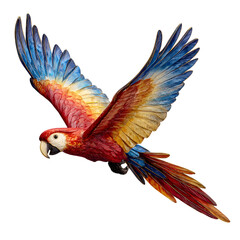Fototapeta premium A vibrant macaw parrot mid flight showcasing its vivid plumage and outstretched wings in dynamic motion on transparent background