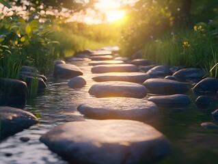 Serene Sunset Path, Stepping Stones in a Calm Stream