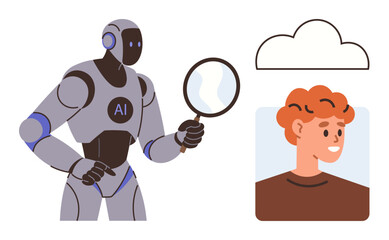 AI-powered robot holding magnifying glass examines customer portrait under cloud icon. Ideal for artificial intelligence, machine learning, facial recognition, cybersecurity, profiling, big data
