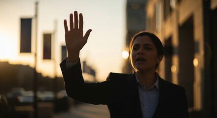 Close up of a passionate advocate raising a hand in conviction while delivering a speech with a blurred city street background
