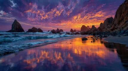 Coastal sunset with rocky formations