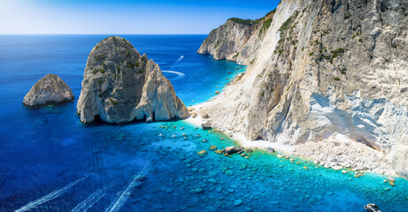 The beautiful beaches of Mizithres at the west coast of Zakynthos island, Greece, with crystal clear sea during summer time