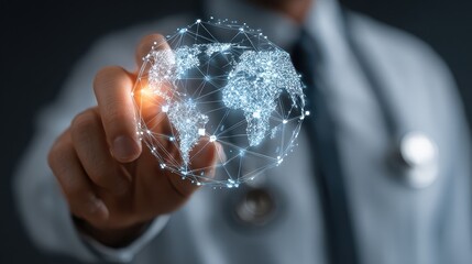 Doctor holding global network visualization represents worldwide medical technology and healthcare connectivity