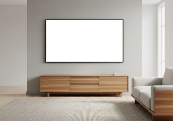 Modern Minimalist Living Room with Blank TV Screen, Wooden Media Console and Contemporary Sofa