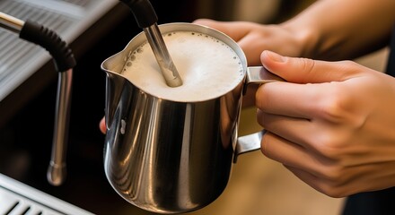 Close-up of milk being steamed with espresso machine wand for making latte art