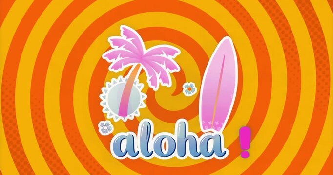 Orange-yellow rings rotating, tropical icons sliding and aloha fading and exclamation sliding