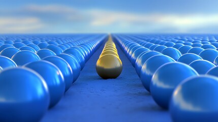 Unique Golden Sphere Among Blue Spheres Abstract 3D Render