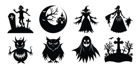 Fototapeta premium Halloween Silhouette Set of Spooky Characters and Elements for Creepy Decorations