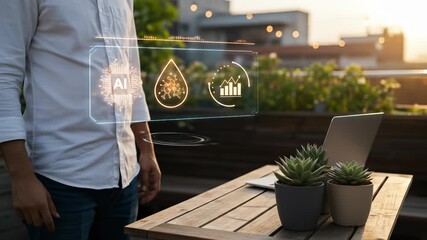 Adult male leveraging AI technology for smart water management and sustainability, interacting with a holographic data interface on a modern urban rooftop at sunset. - Powered by Adobe