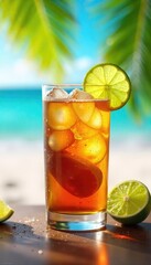 A refreshing glass of amber rum sits on a sun-drenched beach, garnished with a lime wedge and surrounded by tropical foliage Perfect for summer cocktails and vacation vibes , blue, glassware, sand