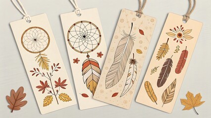 Charming boho style bookmarks featuring dreamcatchers feathers and floral autumnal designs