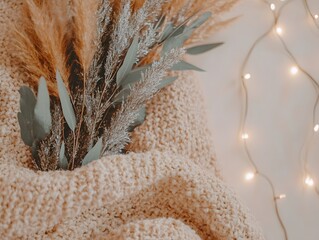 Cozy Autumn Scene, Dried Flowers, Knit Blanket, Fairy Lights