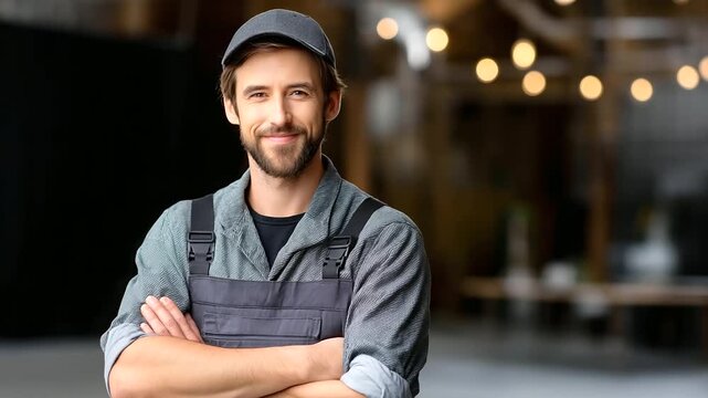 Studio setting with a confident painter in overalls with crossed arms in soft lighting representing creativity, confidence, artistry, craftsmanship, individuality, expression