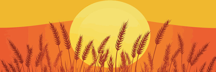Minimalist vector illustration of golden wheat field at sunset with large sun and orange sky background flat design agricultural landscape