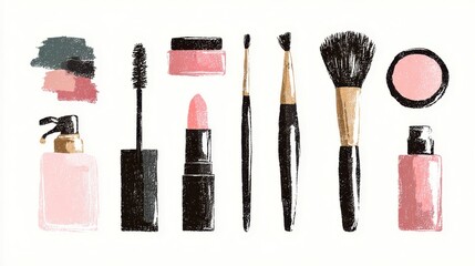 Set of make up products and brushes isolated on background. Hand drawn cosmetics set. Mascara, lipstick, eye shadows, brush, powder, lip gloss. Vector illustration.