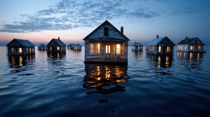 Wooden houses afloat in a flooded landscape at dusk, symbolizing economic instability and housing market struggles.