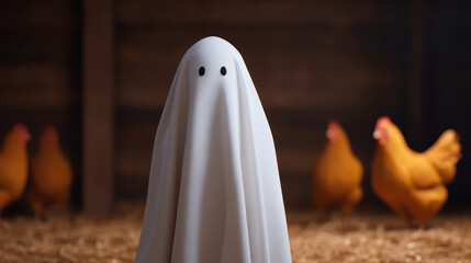 A ghostly figure draped in white stands in a barn, with curious chickens in the background, creating a whimsical and humorous scene.