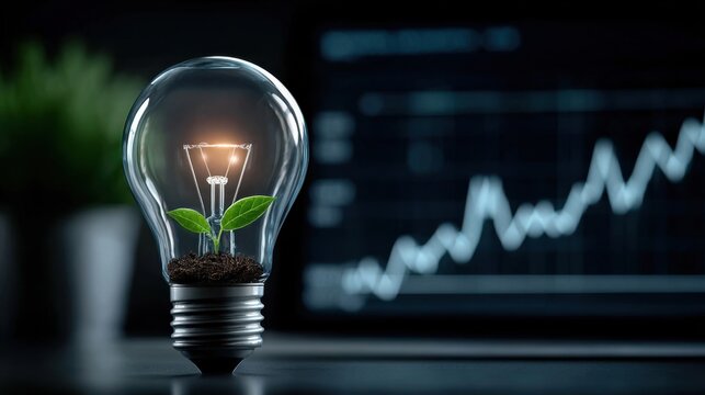 A light bulb with a plant inside symbolizes innovation, renewable energy, and sustainable growth against a rising graph background. - Powered by Adobe