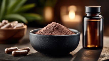 Black ceramic bowl with brown powder and capsules, evoking health and nutrition with a dark glass jar in the background, emphasizing wellness and fitness.