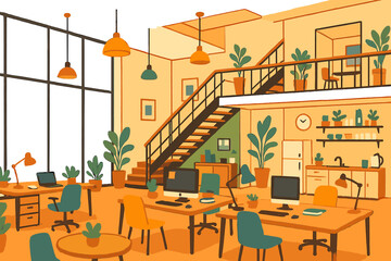 Modern creative workplace interior of empty coworking office space in flat horizontal vector illustration style