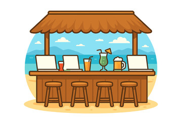 Illustration of a seaside coffee shop with an empty interior, a working desk on the beach, and a laptop, capturing a summer workation scene with a serene background view