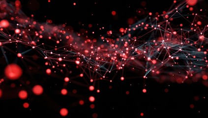 Abstract network of glowing red dots and lines on black background