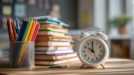 White clock with books and pencils on school desk in sunlit classroom.