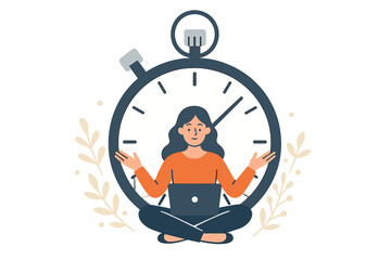 A young professional balances work and yoga at home with a laptop on a clock face, embracing flexible hours and efficient time management