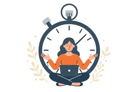 A young professional balances work and yoga at home with a laptop on a clock face, embracing flexible hours and efficient time management