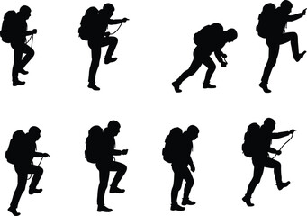 Black silhouette hiker with backpack, trekking and climbing poses, outdoor adventure vector illustration, hiking sport design for travel and nature themes