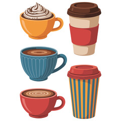 Set cup collection homemade mugs hot drinks isolated vector illustration on white background