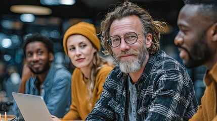 Diverse group of adults collaborating on a laptop in casual office environment, focusing on team building and professional development in daytime setting