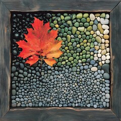 Autumn Leaf and Stone Mosaic in Wooden Frame