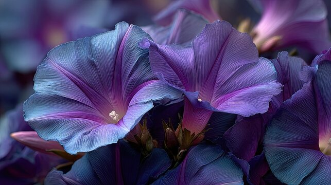 Evening glory flowers bloom in shades of purple and blue in a garden setting