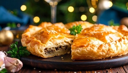 Festive pie with a golden crust, cut slices