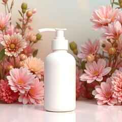 Blank cosmetic pump dispenser mockup on colorful floral background, realistic high detail packaging template for skincare, lotion, and cosmetic branding showcase