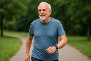 Happy elderly man wearing sportswear and smartwatch is walking in the park, enjoying his retirement
