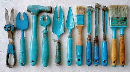 Variety of vintage blue hand tools neatly arranged on white background