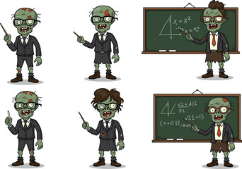 Cartoon zombie teachers in classroom, funny undead educators with chalkboards, humorous school illustration, math teaching vector art for educational stock