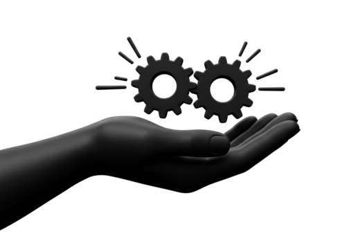 Isolated Illustration of a Black Hand Holding Two Interlocked Gears, Symbolizing Integration and Innovation on a White Background
