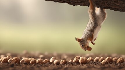 Squirrel hangs upside down from a branch with walnuts scattered on the ground below