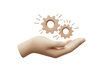 Isolated Conceptual Illustration of Open Hand Offering Gears, Symbolic of Strategy, Business Transformation, and Progress with Creative Design and No Background